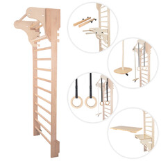 Drabinka gimnastyczna inSPORTline Dremar 200×80 cm ∙ 11 szczebli ∙ nośność 130 kg ∙ drewno bukowe ∙ drążek ∙ poręcze