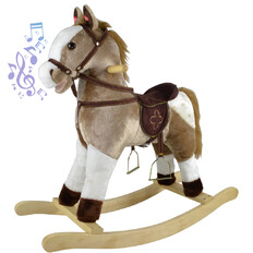 Interaktywny bujak konik inSPORTline Atisino ∙ miękkie siedzisko ∙ z oparciem ∙ dźwięk kołysanki ∙ stabilna podstawa ∙ z drewna/polaru