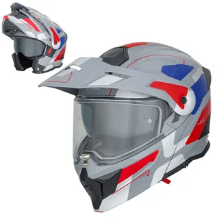 Kask motocyklowy szczękowy 3w1 W-TEC Neovu Graphic ∙ blenda przeciwsłoneczna ∙ demontowalny daszek - szaro-czerwono-niebieski