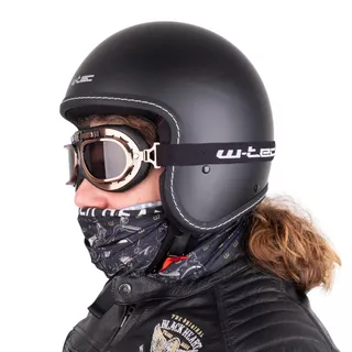 Kask motocyklowy na chopper W-TEC Badachos i gogle Steamrust