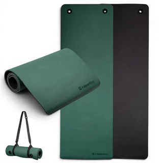 Mata do ćwiczeń inSPORTline Kikami 180x61x0,8 cm ∙ z otworami do zawieszenia ∙ antypoślizgowa ∙ z paskiem transportowym ∙ odporna na pot i wodę - ciemnozielono-czarny