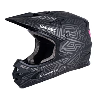 Kask downhillowy W-TEC Richpike ∙ full face ∙ 14 otworów wentylacyjnych ∙ regulowany daszek ∙ skorupa ABS ∙ lekki ∙ podwójne zapięcie - Różowa etykieta na czarnym