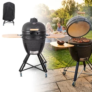 Ceramiczny grill kamado inSPORTline Pyrexo 21 ∙ bambusowe półki boczne ∙ zintegrowany termometr ∙ kółka transportowe