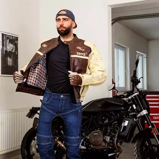 Męska skórzana kurtka motocyklowa W-TEC Retro - czarno-brązowo-beżowy