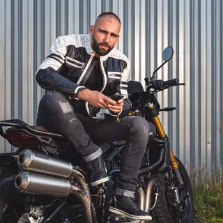 Męska skórzana kurtka motocyklowa W-TEC Esbiker - czarny w beżowe paski