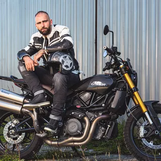 Męska skórzana kurtka motocyklowa W-TEC Esbiker - czarny w beżowe paski