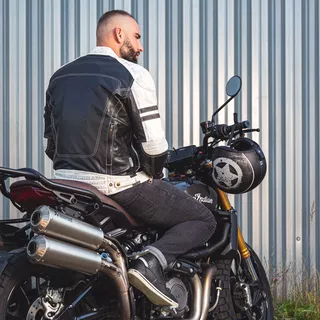Męska skórzana kurtka motocyklowa W-TEC Esbiker - czarny w beżowe paski