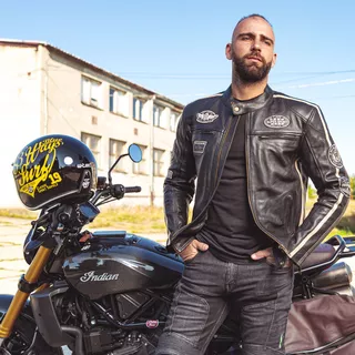 Męska skórzana kurtka motocyklowa W-TEC Makso - czarny z naszywkami