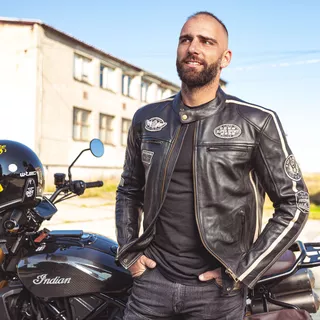 Męska skórzana kurtka motocyklowa W-TEC Makso - czarny z naszywkami