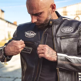 Męska skórzana kurtka motocyklowa W-TEC Makso - czarny z naszywkami
