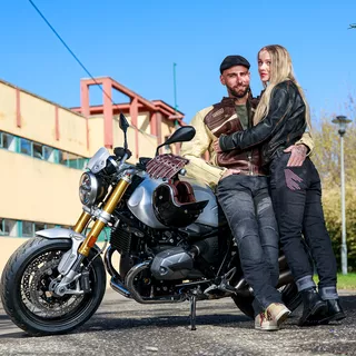 Męska skórzana kurtka motocyklowa W-TEC Retro - czarno-brązowo-beżowy