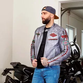 Męska skórzana kurtka motocyklowa W-TEC Sheawen Waxed Grey - szara - Szary