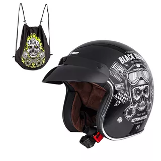 Kask motocyklowy otwarty chopper W-TEC Black Heart Kustom - Skull Horn, matowy czarny - Skull, czarny połysk