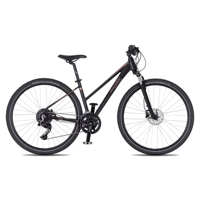 Damski rower crossowy 4EVER Pulse Disc 28'' - model 2026 ∙ hamulce tarczowe hydrauliczne ∙ amortyzator SR Suntour ∙ 10 przełożeń - fioletowy/hologram - matowa czerń/różowe złoto
