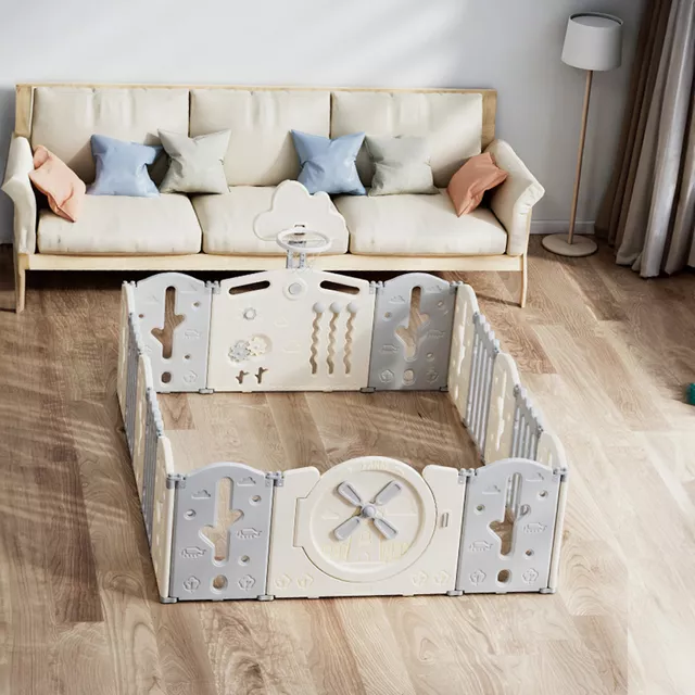 Plastikowy kojec inSPORTline Bufalino 200x167x64 cm ∙ plac zabaw z obręczą do koszykówki ∙ 16 paneli ∙ interaktywne motywy wiatraka i farmy