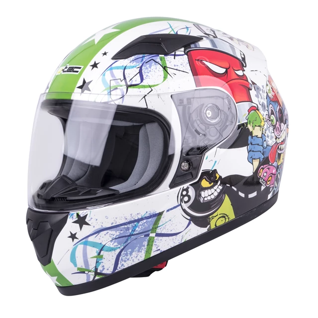 Dziecięcy kask motocyklowy integralny W-TEC FS-815G Tagger Green - Biało-zielony z grafiką - Biało-zielony z grafiką