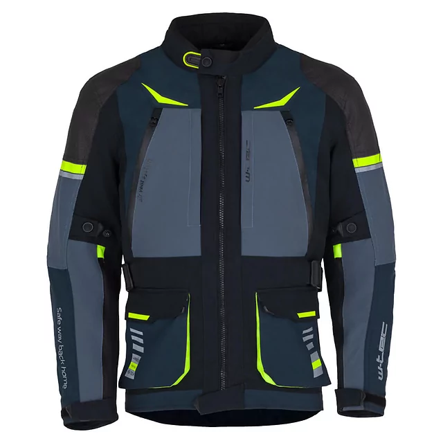 Kurtka motocyklowa W-TEC Modock ∙ trójwarstwowa ∙ wypinana podpinka ∙ membrana wodoodporna ∙ ochraniacze CE ∙ wentylacja AirVent - czarno-niebiesko-fluo-żółty