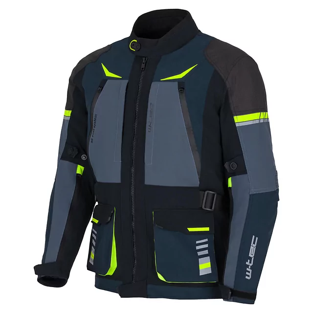 Kurtka motocyklowa W-TEC Modock ∙ trójwarstwowa ∙ wypinana podpinka ∙ membrana wodoodporna ∙ ochraniacze CE ∙ wentylacja AirVent - czarno-niebiesko-fluo-żółty