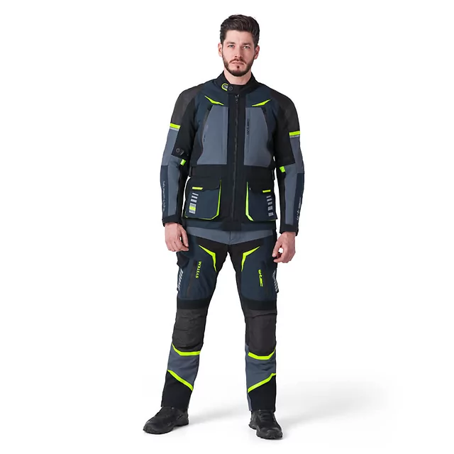 Kurtka motocyklowa W-TEC Modock ∙ trójwarstwowa ∙ wypinana podpinka ∙ membrana wodoodporna ∙ ochraniacze CE ∙ wentylacja AirVent - czarno-niebiesko-fluo-żółty