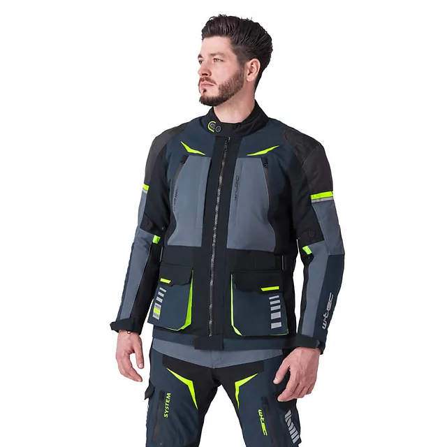 Kurtka motocyklowa W-TEC Modock ∙ trójwarstwowa ∙ wypinana podpinka ∙ membrana wodoodporna ∙ ochraniacze CE ∙ wentylacja AirVent - czarno-niebiesko-fluo-żółty