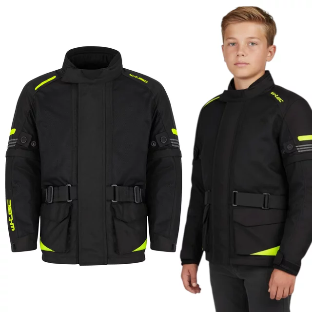 Dziecięca kurtka motocyklowa W-TEC Pinapoco ∙ wyjmowane ochraniacze ∙ regulacja rozmiaru ∙ wiatro-wodoodporna ∙ wentylacja - Czarny-fluo