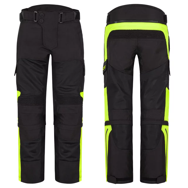 Regulowane dziecięce spodnie motocyklowe W-TEC Pinapoco ∙ ochraniacze kolan EN 1621-1 ∙ wentylacja mesh∙ odblaski ∙ zamek do kurtki - Czarny-fluo