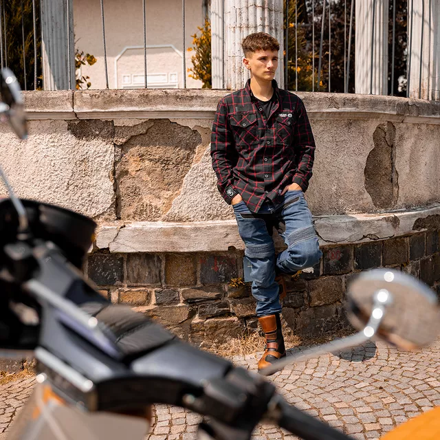 Koszula flanelowa męska motocyklowa W-TEC Black Heart Respector II - czarny z niebieskim paskiem