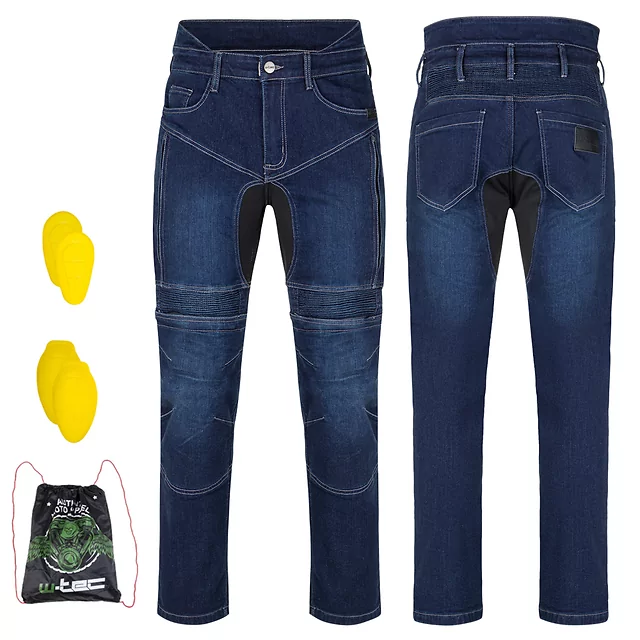 Męskie jeansy motocyklowe W-TEC Biterillo Evo ∙ ochraniacze ∙ wzmocnienia aramidowe ∙ wentylacja na udach ∙ elastyczny denim - Niebieski