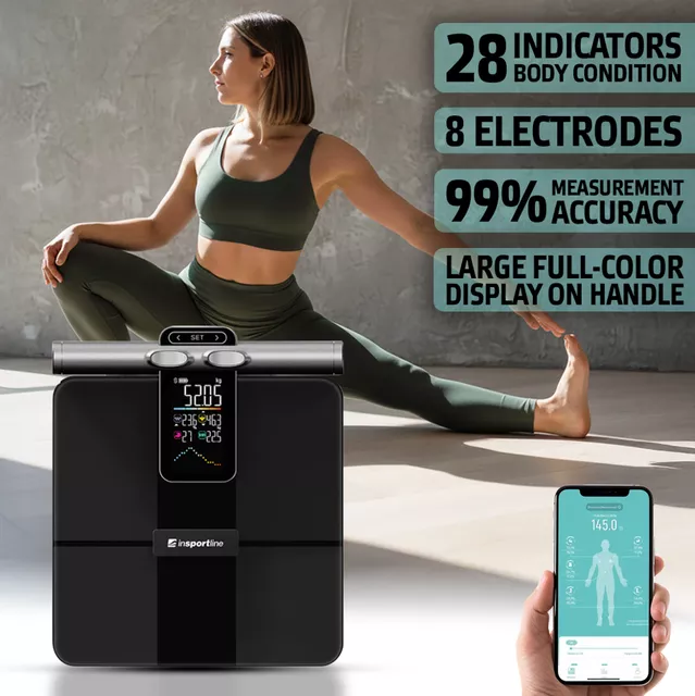 Waga analizująca łazienkowa inSPORTline Syncale 200 ∙ smart ∙ 28 wskaźników ∙ 8 elektrod ∙ uchwyt ∙ tryb dla kobiet w ciąży ∙ nośność 180 kg