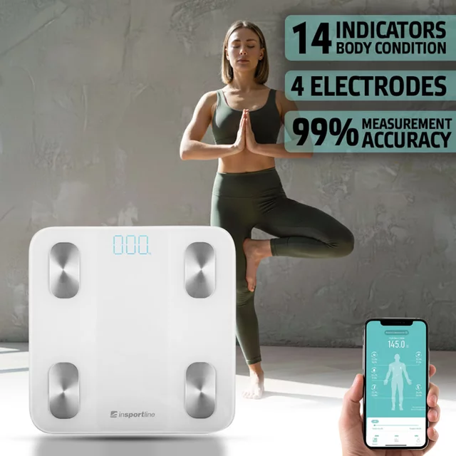 Inteligentna waga łazienkowa inSPORTline Syncale 20 ∙ smart ∙ 14 wartości ciała ∙ bluetooth ∙ fitdays ∙ nośność 180 kg ∙ szkło hartowane - Biały