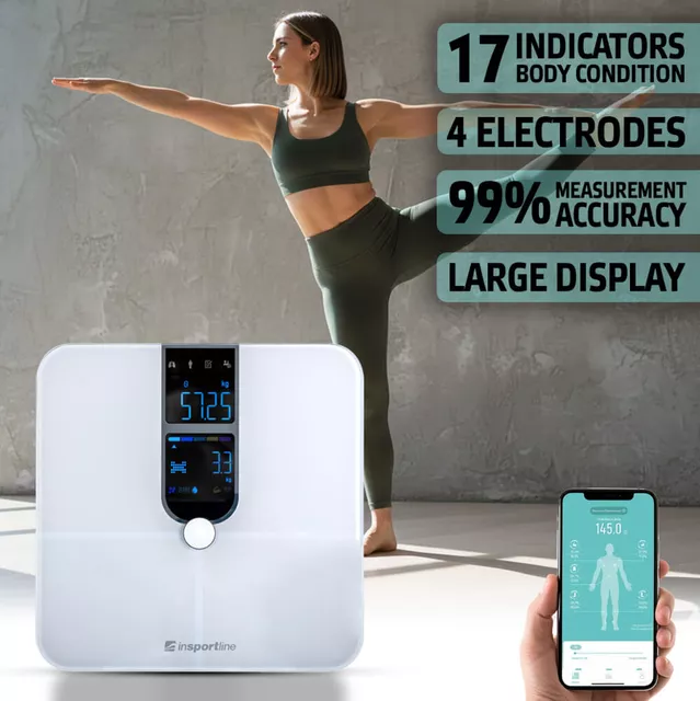Waga diagnostyczna łazienkowa inSPORTline Syncale 100 ∙ smart ∙ 17 parametrów ciała ∙ puls na wadze ∙ Bluetooth Fitdays ∙ nośność 180 kg - Czarny - Biały
