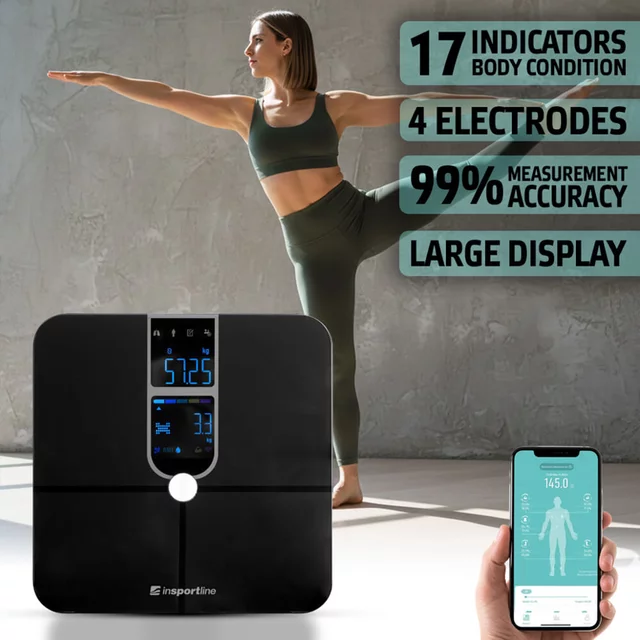 Waga diagnostyczna łazienkowa inSPORTline Syncale 100 ∙ smart ∙ 17 parametrów ciała ∙ puls na wadze ∙ Bluetooth Fitdays ∙ nośność 180 kg - Czarny