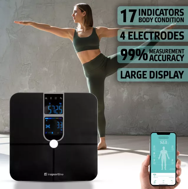 Waga diagnostyczna łazienkowa inSPORTline Syncale 100 ∙ smart ∙ 17 parametrów ciała ∙ puls na wadze ∙ Bluetooth Fitdays ∙ nośność 180 kg - Czarny - Czarny