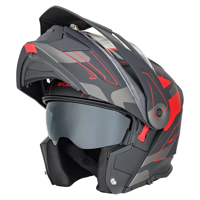 Kask motocyklowy szczękowy 3w1 W-TEC Neovu Graphic ∙ blenda przeciwsłoneczna ∙ demontowalny daszek - szaro-czerwono-niebieski