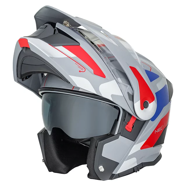 Kask motocyklowy szczękowy 3w1 W-TEC Neovu Graphic ∙ blenda przeciwsłoneczna ∙ demontowalny daszek - szaro-czerwono-niebieski