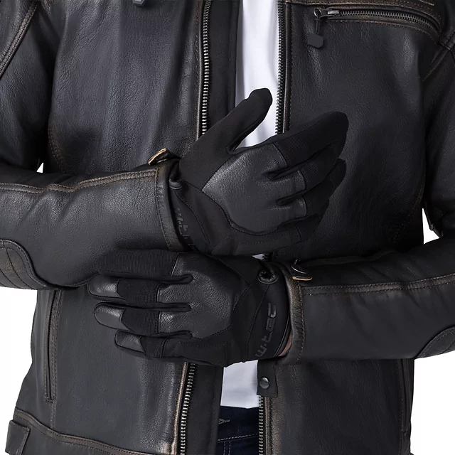 Rękawice motocyklowe W-TEC Trebizat ∙ skórzane z softshellem ∙ piankowa amortyzacja ∙ neoprenowy mankiet na rzep ∙ krótki krój - Czarny