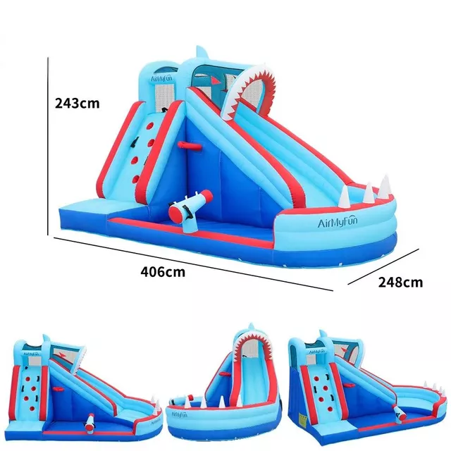 Dmuchany plac zabaw / zamek AirMyFun Shark ∙ zjeżdżalnia rekin ∙ mini boisko ∙ ścianka wspinaczkowa ∙ strefa wodna ∙ kosz do koszykówki