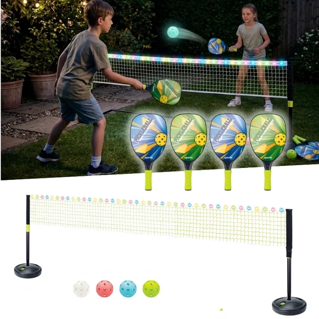 Świecący zestaw do gry w pickleballa dla dzieci inSPORTline LRS400 ∙ siatka z podświetleniem LED ∙ luminescencyjne piłki ∙ dla 4 graczy