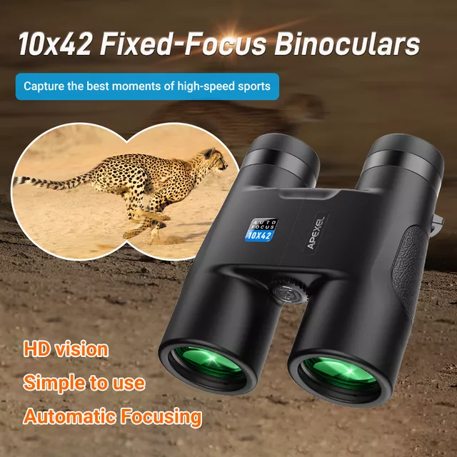 Lornetka Apexel 10x42 AutoFocus ∙ autofokus ∙ powłoki antyrefleksyjne ∙ pryzmat BAK4 ∙ pole widzenia 101 m/1000 m ∙ waga 595 g ∙ aluminiowa obudowa z gumą