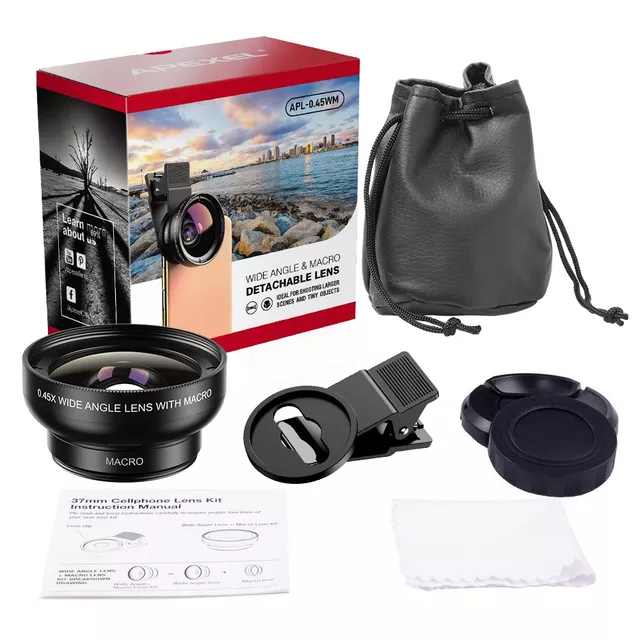 Zestaw obiektywów Apexel 2 w 1 ∙ szerokokątny 0,45x ∙ makro 12,5x ∙ łatwy montaż ∙ kompatybilny ze smartfonami