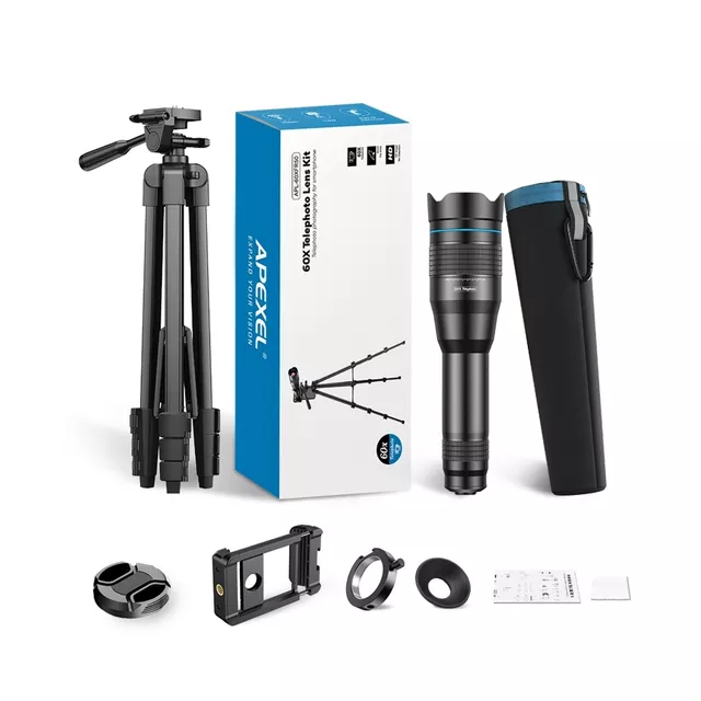 Teleobiektyw Apexel 60X do telefonów ∙ 60-krotny zoom optyczny ∙ wielowarstwowa optyka FMC ∙ przysłona 50 mm ∙ składany statyw ∙ metalowa konstrukcja