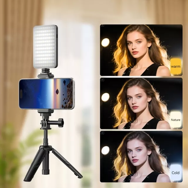 Mini statyw z oświetleniem LED Apexel Mini ∙ regulacja jasności i temperatury 2500-9000K ∙ adapter do kamer sportowych ∙ bateria 3000 mAh ∙ waga 296 g