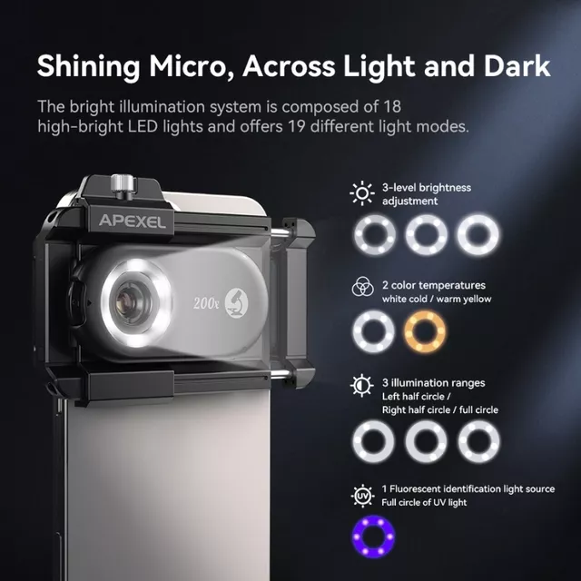 Obiektyw mikroskopowy Apexel 200x ∙ supermakro do telefonów ∙ 12 diod LED ∙ światło UV ∙ kompatybilny z iOS/Android ∙ klips uniwersalny
