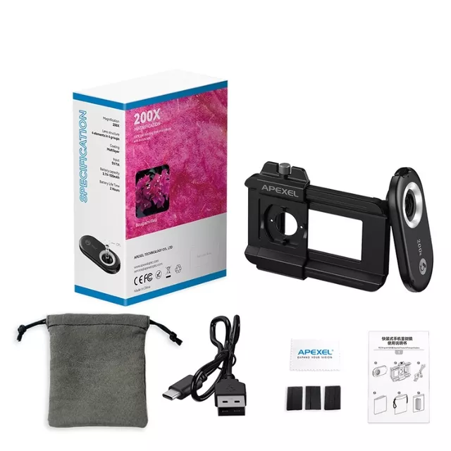 Obiektyw mikroskopowy Apexel 200x ∙ supermakro do telefonów ∙ 12 diod LED ∙ światło UV ∙ kompatybilny z iOS/Android ∙ klips uniwersalny