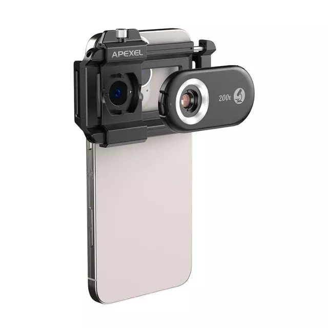 Obiektyw mikroskopowy Apexel 200x ∙ supermakro do telefonów ∙ 12 diod LED ∙ światło UV ∙ kompatybilny z iOS/Android ∙ klips uniwersalny
