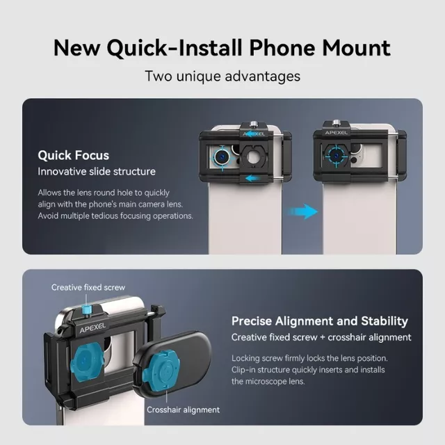 Obiektyw mikroskopowy Apexel 200x ∙ supermakro do telefonów ∙ 12 diod LED ∙ światło UV ∙ kompatybilny z iOS/Android ∙ klips uniwersalny