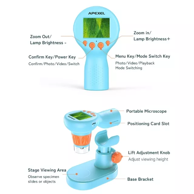 Mikroskop cyfrowy dziecięcy Apexel ∙ zoom 0-800x ∙ wyświetlacz 2" HD ∙ nagrywanie wideo 1080p ∙ 8 diod LED z regulacją