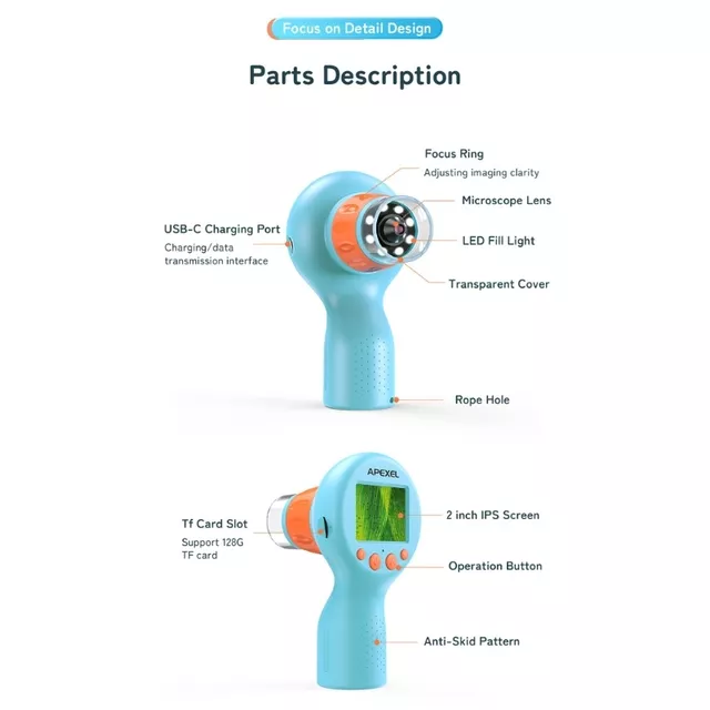 Mikroskop cyfrowy dziecięcy Apexel ∙ zoom 0-800x ∙ wyświetlacz 2" HD ∙ nagrywanie wideo 1080p ∙ 8 diod LED z regulacją