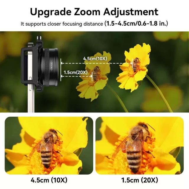 Apexel obiektyw makro zoom 10x-20x ∙ zmiennoogniskowy ∙ uniwersalny klips ∙ do iOS/Android ∙ lekki design