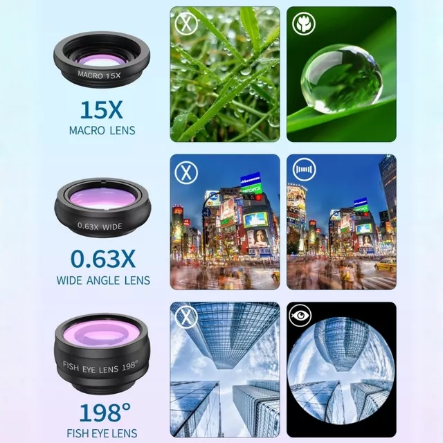 Zestaw obiektywów Apexel 6w1 ∙ teleobiektyw 18x ∙ makro 15x ∙ rybie oko 198° ∙ szerokokątny 0,63x ∙ statyw ∙ wyzwalacz Bluetooth